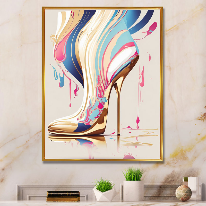 Rose et bleu Art Déco, bottes à talons hauts I - impressions encadrées de mode, H 40 po x l 30 po x P 1,5 po