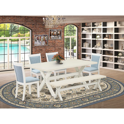 6 Piece Kitchen Table Set Contains a Rectangle Dining Table with X-Legs and 4 Cream Linen Fabric Parson Chairs with a Bench, Wire Brushed linen white