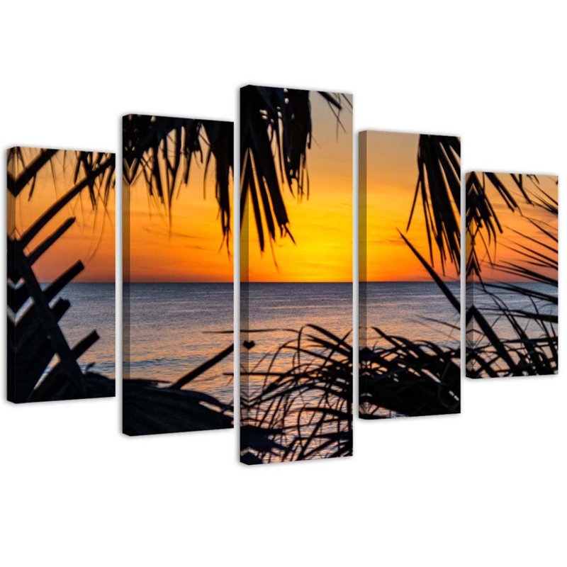 Sea Palm Trees At Sunset - 5 Piece Wrapped Canvas Print, 100cm H x 200cm W