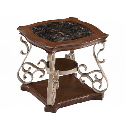 End Table, Marble Paper Top,  MDF With Brich Middle Shelf, Powder Coat Finish Metal Legs. (26.2"Lx26.2"Wx24"H)