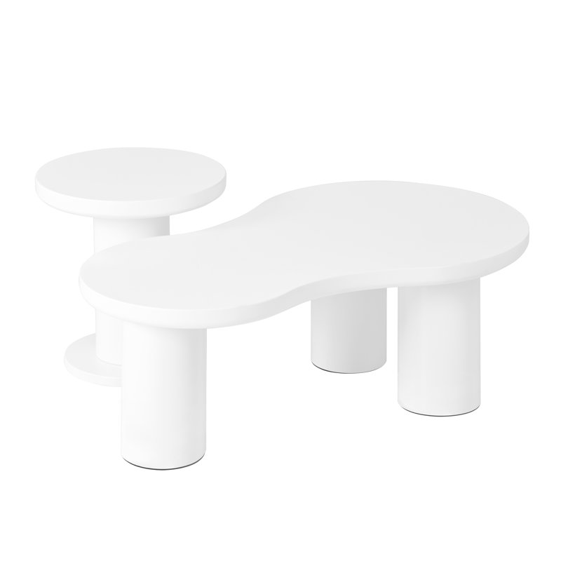 Easy Assembly Nesting Coffee Table Set of 2, Cream Style Cloud Coffee Table with Round Small Side Table, Irregular Centre Table with Thick Legs for Living Room, 39.3''x 13.7'',F15.7''
