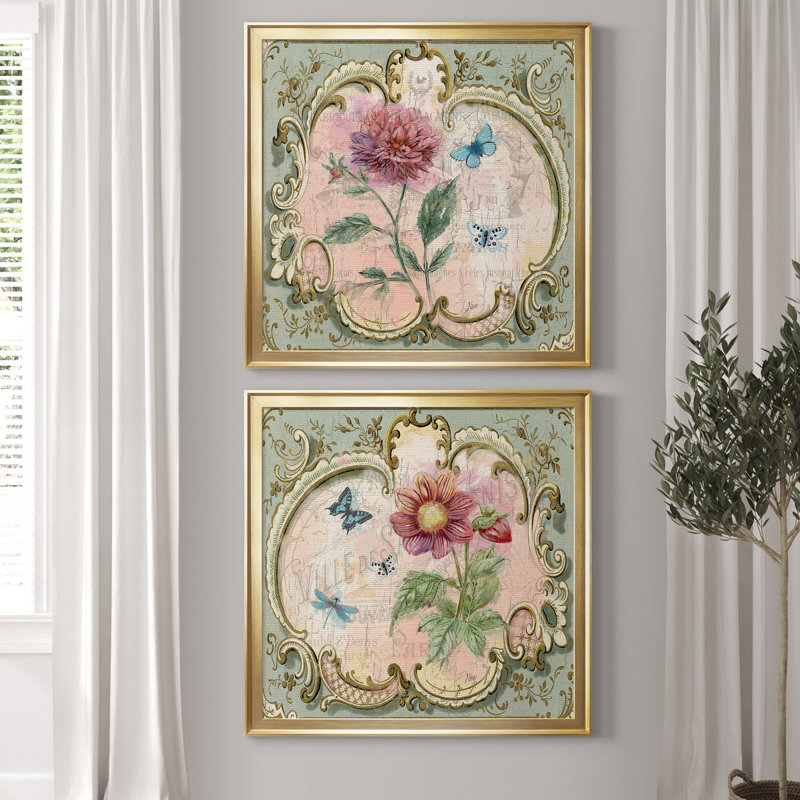 «Classical Flower I», ensemble de 2 reproductions d'art encadrées, H 17,5 po x l 35 po x P 1,5 po, Toile encadrée dorée