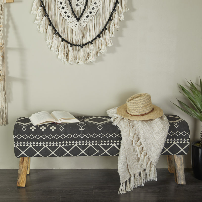 Banc tribal en bois noir avec pieds en bois, H 18,05 po x l 32,50 po x P 14,70 po