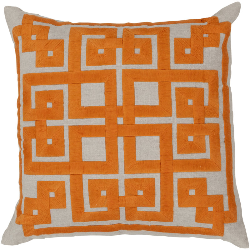 Square Burnt Orange Embroidered Linen Throw Pillow