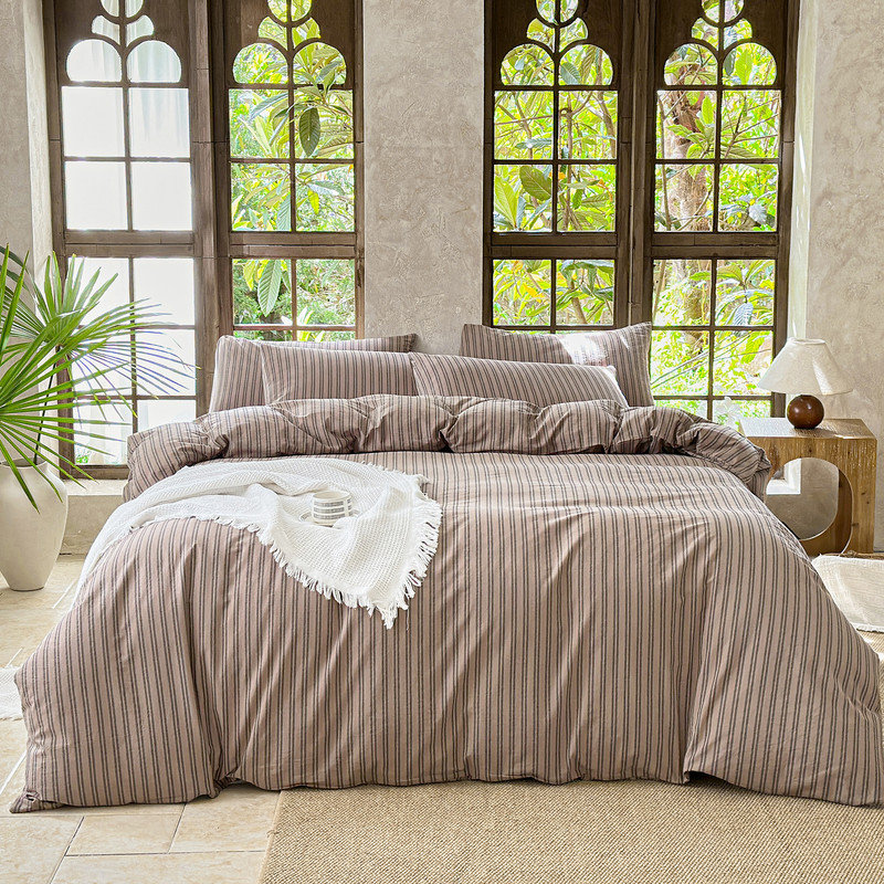 DONEUS Striped Duvet Cover Set 100% Washed Cotton Linen Like Soft Feelling Breathable Bedding, Light Brown/Black
