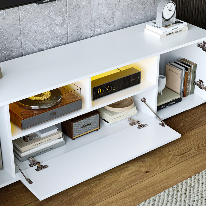 63" Modern High Gloss Led Octaviano With Sliding Door & Open Storage For Media Devices, Gray