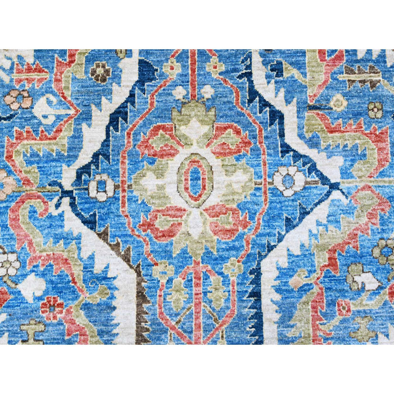 Tapis oriental bleu en laine noué à la main 8 pi 11 po x 11 pi 8 po Aryana