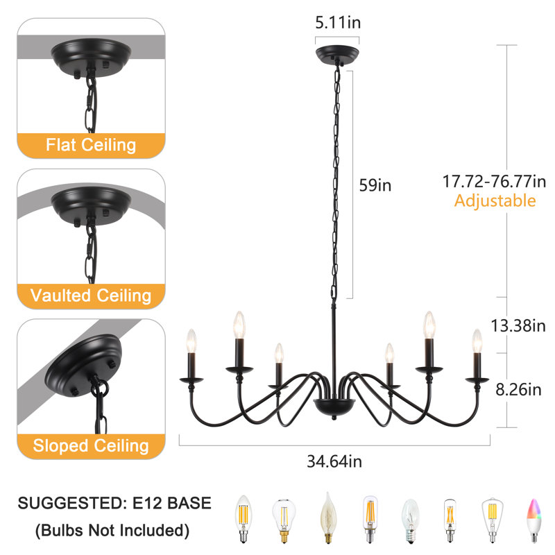 Buckhurst 6-Light Classic / Traditional  Black Chandelier Farmhouse Candle Style Ceiling Lights for Living Room, Foyer, Entryway -34.64"W x 76.77"H 