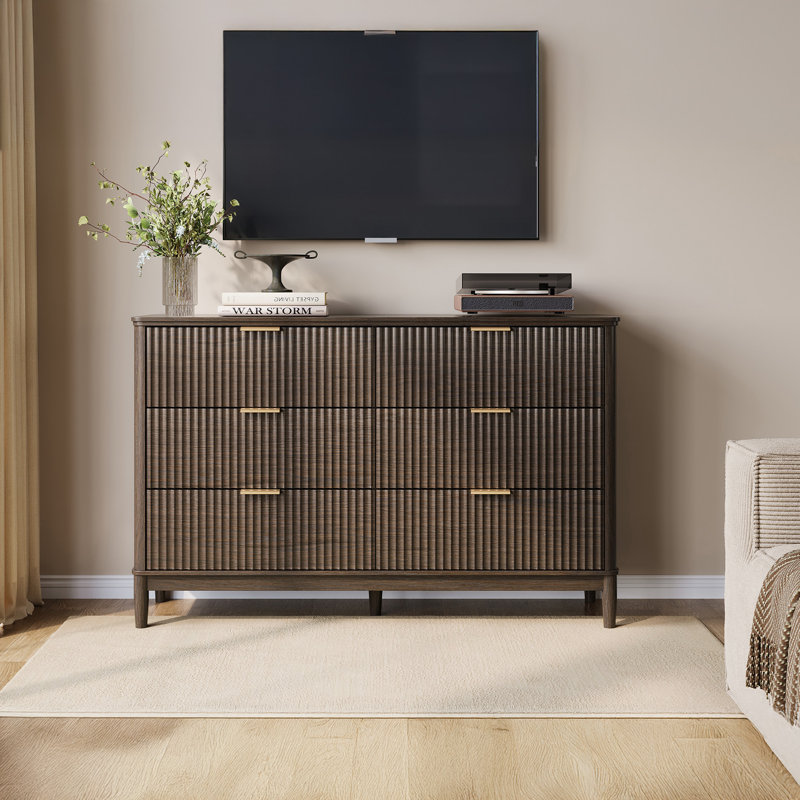 Soren  Fluted 6-Drawer Dresser with Solid Wood Legs, Dark Brown