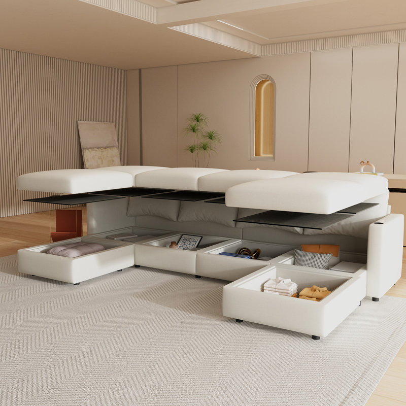 Grand canapé modulaire moderne, Tissu blanc antique