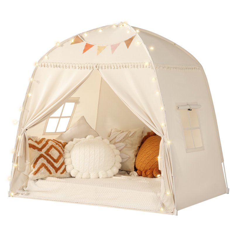 Large Kids Teepee Tent with Star Lights & Flags - Indoor Toddler Playhouse for Boys & Girls | Canopy for Playroom, Bedroom - Perfect Gift Toy (Cream)