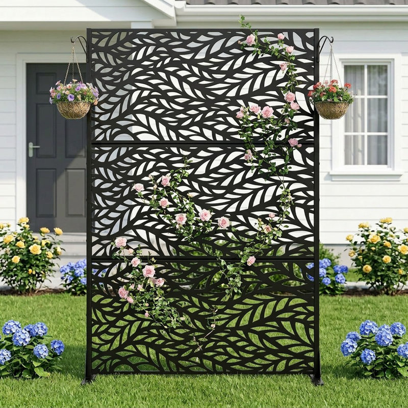 6ft. H x 4ft. W Metal Privacy Screen Fence Panel Leave Pattern, Black