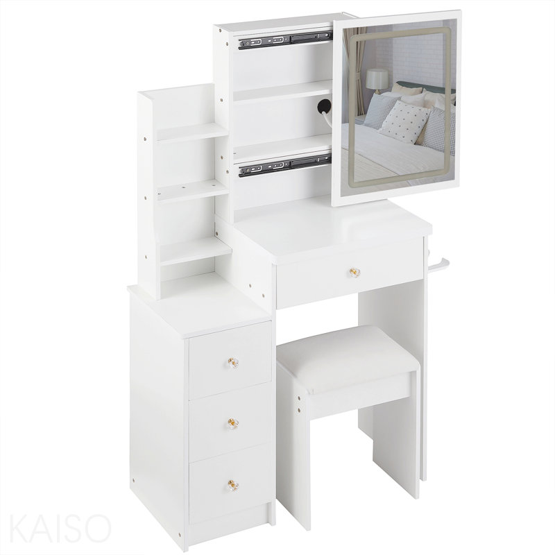 Petite coiffeuse de 29,2 po avec tabouret de chevet gauche + tabouret rembourré, centrale électrique 2 AC + 2 USB, support pour séchoir à cheveux, très grand miroir coulissant à commande tactile, changement de luminosité tricolore, réglage de la luminosité