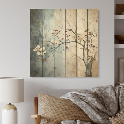 «Leaf and Flower Charm In Winter - Leaves Wood», art mural sur bois de pin naturel
