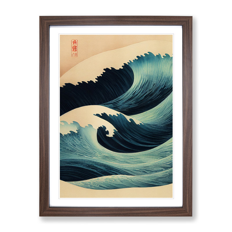 Traditional Japanese Wave No.7 - Wall Art, 48cm H x 36cm W, Walnut Framed, White