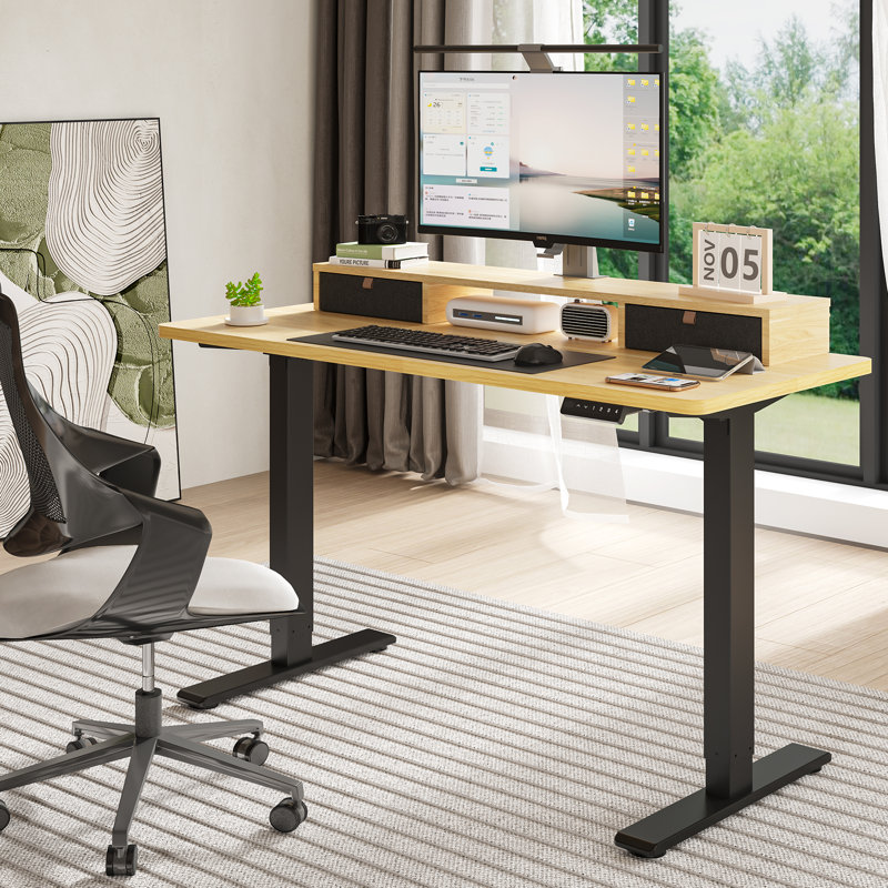 Bureau debout à hauteur réglable avec 2 tiroirs Lysandre Home Office, H 48,6 po x l 55,1 po x P 23,6 po, Naturel/noir