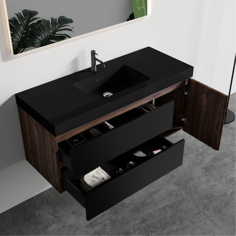 Meuble-lavabo moderne de 48 po de couleur noyer, lavabo noir mat, 1 porte, 2 tiroirs, panneau E1, laque à base d'eau E0, lavabo à comptoir à rebord profond de 4,7 po, installation facile et noir, mur