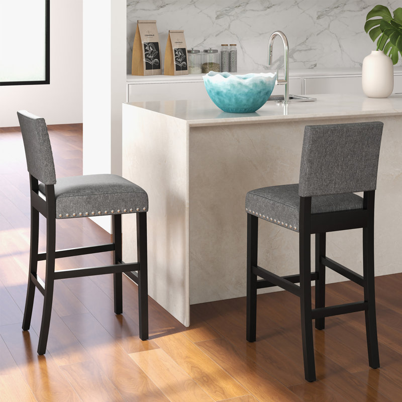 Lark Manor™ Upholstered Bar Stool Set Of 4 W/ Solid Rubber Wood Legs Gray, Bar Stool (30” Seat Height)”. 