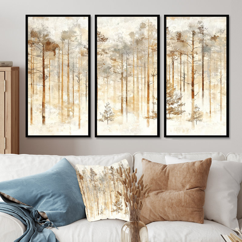 «Minimalist Winter Forest Landscape II», ensemble d'art mural paysage d'hiver, Noir, Reproduction avec cadre flottant