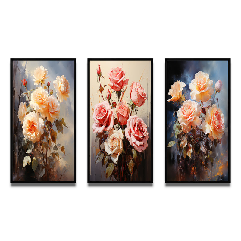 «Peach Roses Romantic Impression», 3 pièces sur toile, Cadre flottant noir, H 28 po x l 36 po