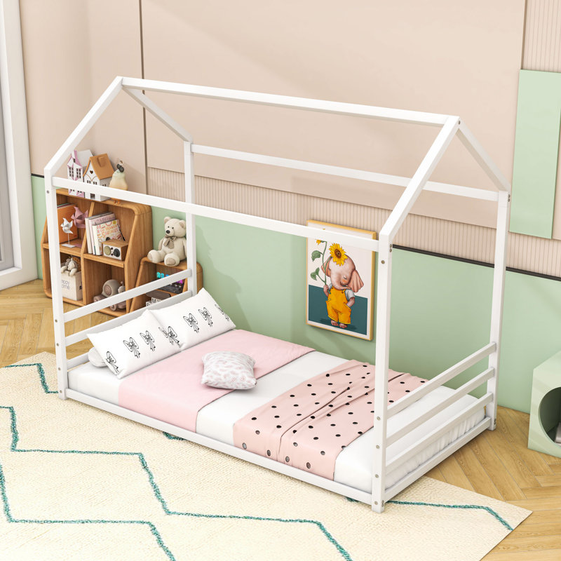 Metal Floor Bed With House-Shaped Design, White, Twin