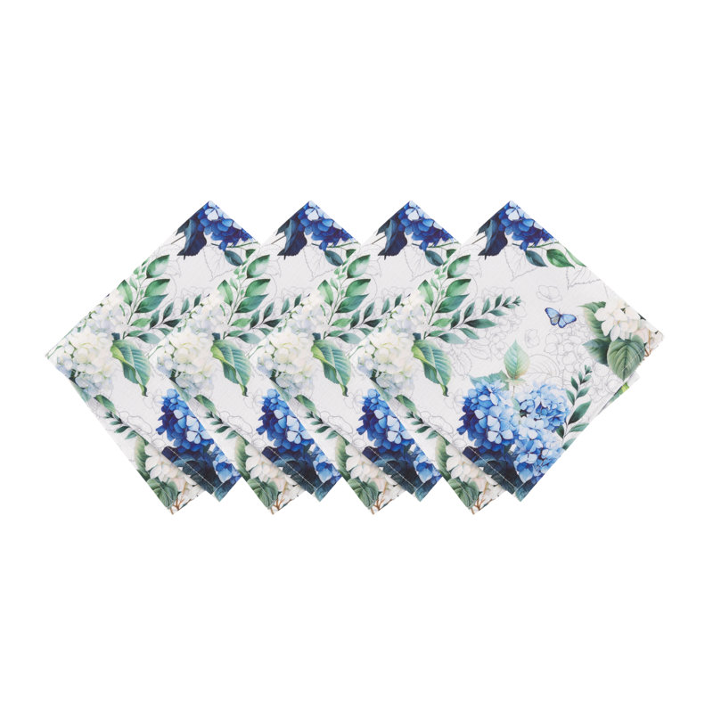 Hydrangea Bloom Blue and White Floral Polyester Dinner Napkins, Set of 4