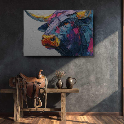 Textured Bull Wall Art, Abstract Steer Print - Colorful Cow Canvas for Modern Western Decor, Palette Knife Style Farmhouse Animal Painting