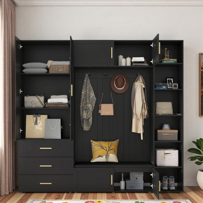 4-in-1 Hall Tree With Padded Bench, 4 Hooks, 3 Drawers And Adjustable Storage Shelves