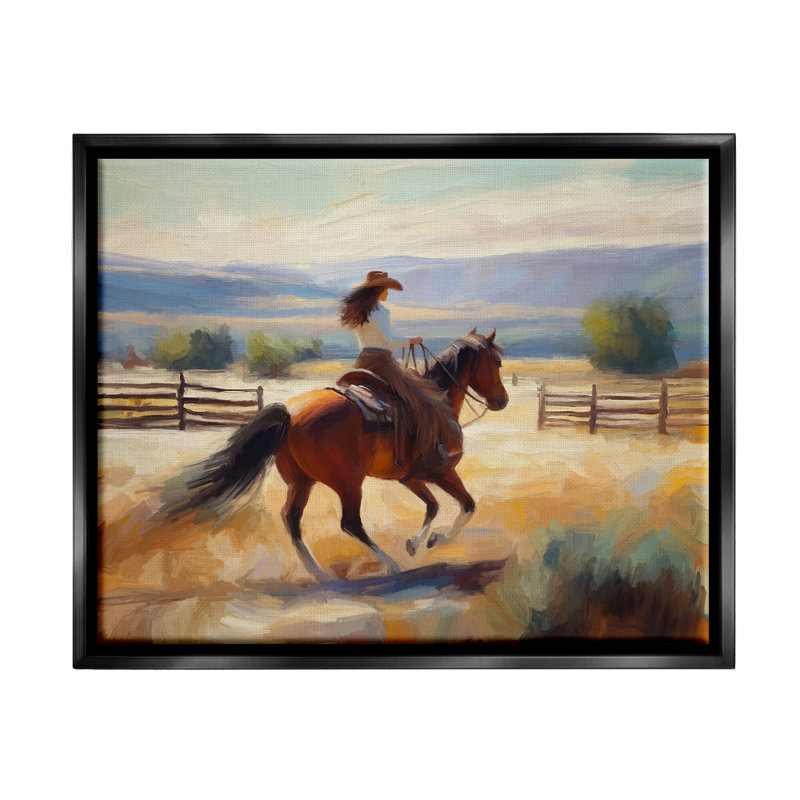 «Cowboy au galop», paysage encadré sur toile par Ramona Murdock, Cadre flottant noir de jais, H 17 po x l 21 po x P 1,7 po