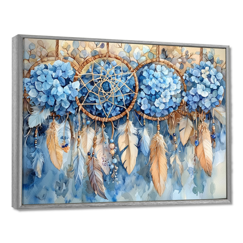 Décoration murale longue hortensias et Dreamcatchers - hydrangées, H 30 po x l 40 po, Floater Framed, Argent argent