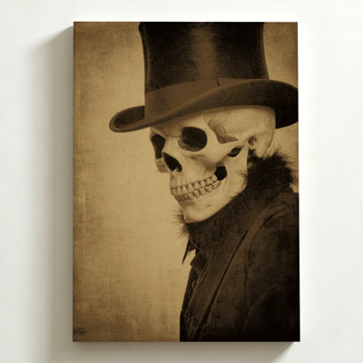 Tableau sur toile d'Halloween 40 x 60 cm (16 x 24 pouces) : squelette en haut-de-forme et col en fourrure, impression photographique vintage sépia. Décoration murale moderne pour chambre, salon et bureau.