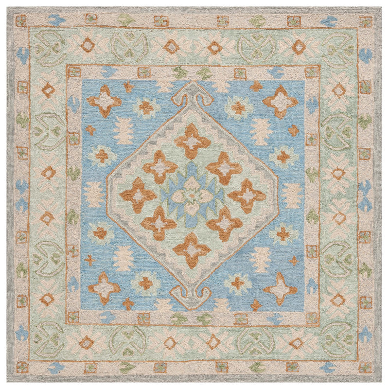 Macguiness Hand Tufted Wool Cotton Oriental Rug in Green/Ivory, Square 6'
