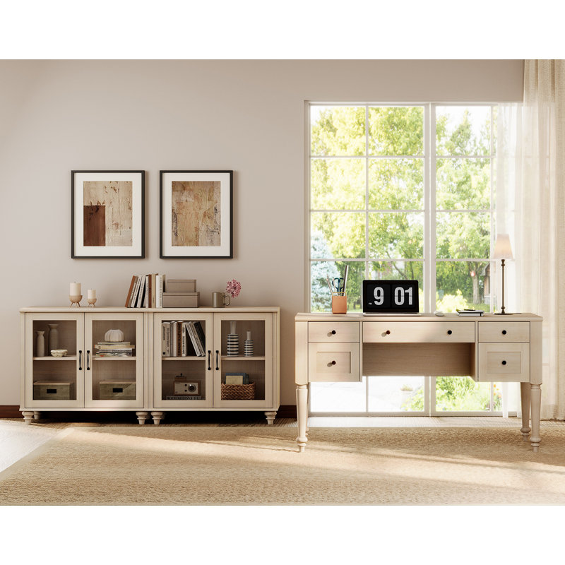 Ensemble de bureau 2 pièces, bureau double 56 po et ensemble de 2 armoires avec porte vitrée, beige, Beige