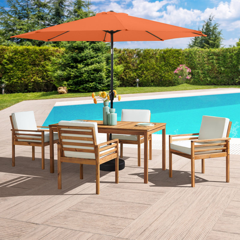 Arjay 8 Pc Patio Dining Set Wood One 63" Table Chairs With Cushions And 1 10-Foot Tilt Umbrella, Light Orange, 4