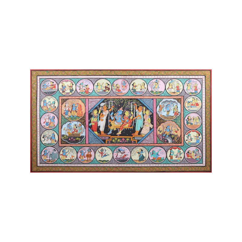 Radha Krishna avec Gopis Pattachitra, peinture sur toile par Purna Chandra, H 24 po x l 40 po, décoration murale Odisha