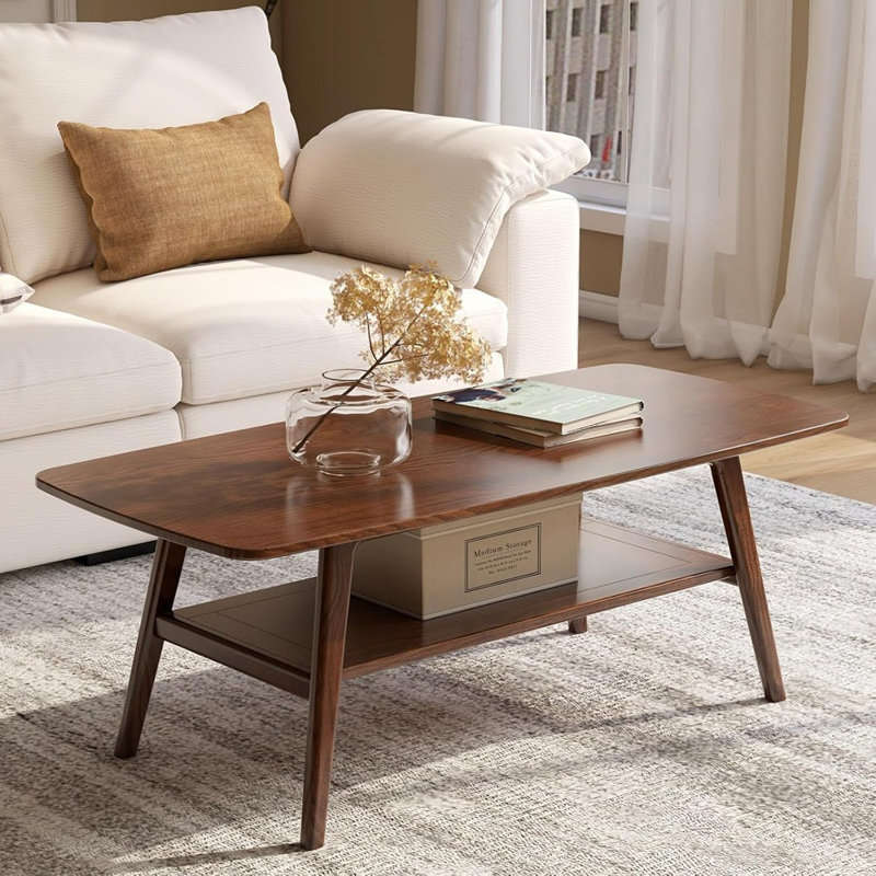 Table basse 100% pour le salon, table basse avec rangement, table basse moderne Mid-Century avec coins arrondis (noyer, l 47,24 po x P 22,05 po x H 17,32 po)