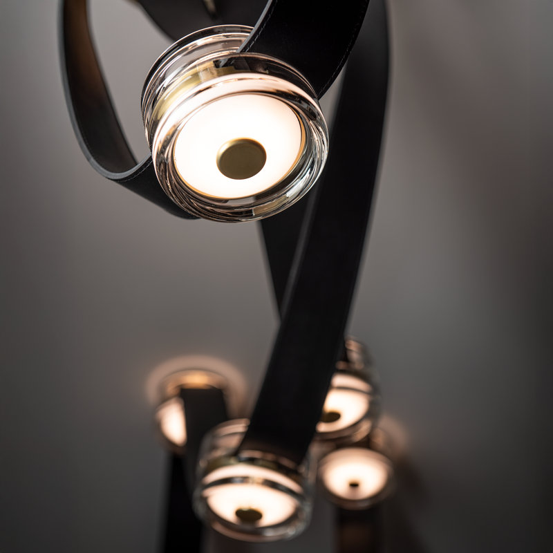 SNAPS Large LED Pendant - Modern Brass Finish - Black Leather - Pressed Glass, Black Leather, Modern Brass