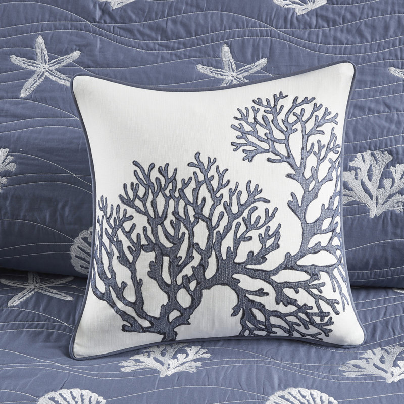 Literie réversible 4 pièces en coton bleu marine avec broderie, rembourrage matelassé double / grand, facile à nettoyer