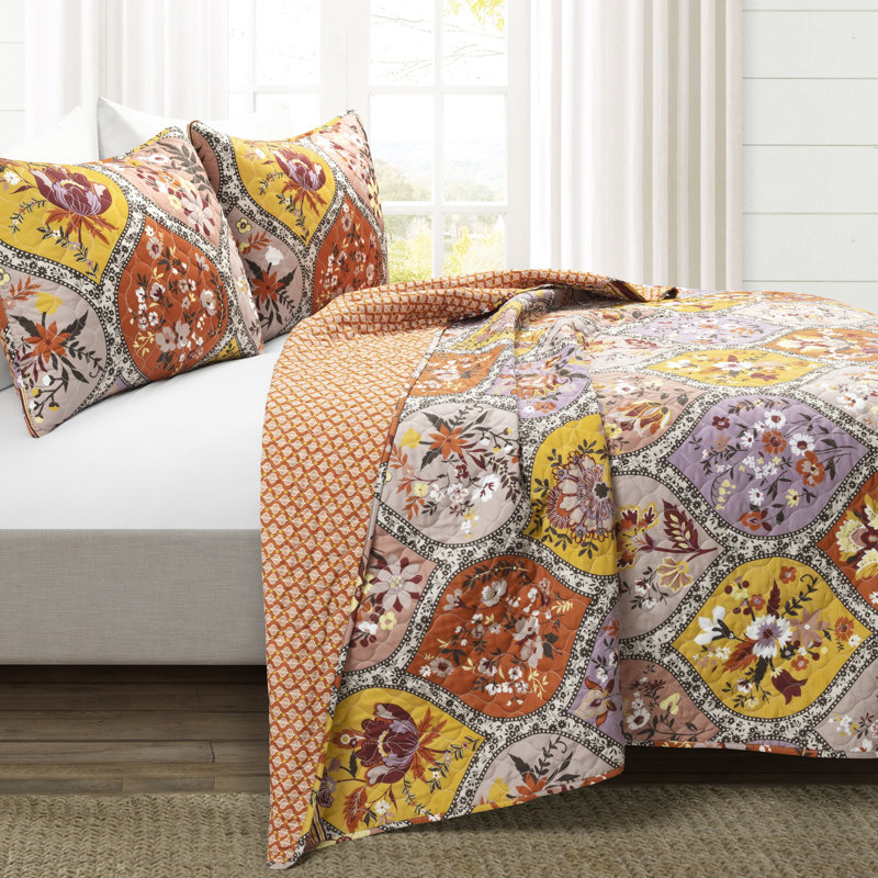Tangerine Lilac Cotton King Reversible Quilt Set