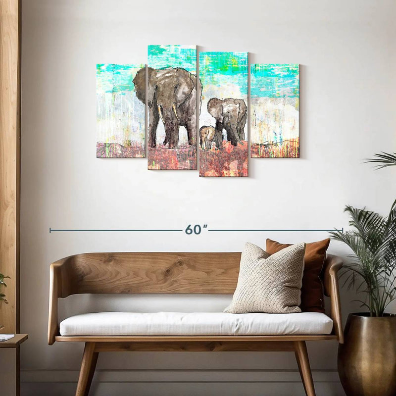 Voyage en famille d'éléphants, H 27 po x l 43 po
