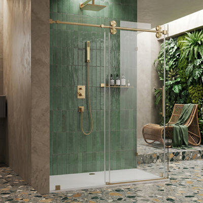 48" W X 33" D X 76" H Sliding Frameless Shower Enclosure With 3/8 Inch Clear Glass Brushed Gold