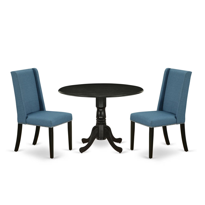 L'ensemble de table de salle à manger 3 pièces comprend une table de cuisine ronde avec Dropleaf et 2 chaises de salle à manger Parsons en tissu bleu, noir brossé