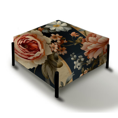Peach And Blue Chic Elegance Peony Gardens - Striped Large Square Ottoman