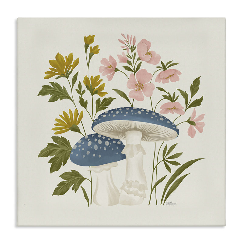Champignons bleus et toile de fleurs sauvages, design par Cat Thurman Designs, H 17 po x l 17 po