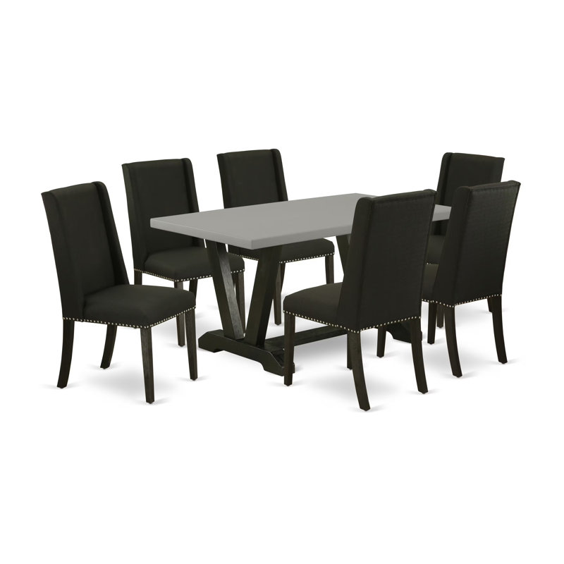 Ensemble de table de cuisine de 7 pièces avec un magnifique plateau de table de couleur ciment et 6 chaises de salle à manger noires avec têtes de clous et un dossier haut de style, finition noire brossée