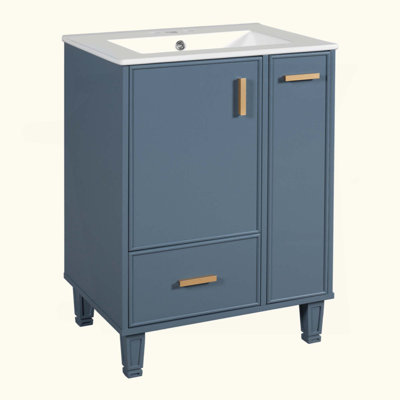 Meuble-lavabo de salle de bain avec lavabo, armoire de salle de bain avec tablette de porte, tiroir profond, panier coulissant à 2 niveaux, structure en bois massif et panneau de fibres à densité moyenne, un paquet, gris