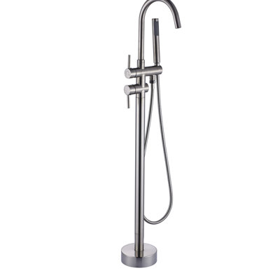 Robinet de douche de baignoire classique avec douche à main, fixation au sol, bec de baignoire incurvé en nickel brossé