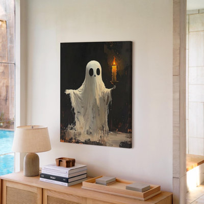 Wall Art Canvas Candle Holding Ghost Minimalist Halloween Spirit In Darkness Ready To Hang Gallery Wrapped Home Decor Modern Design