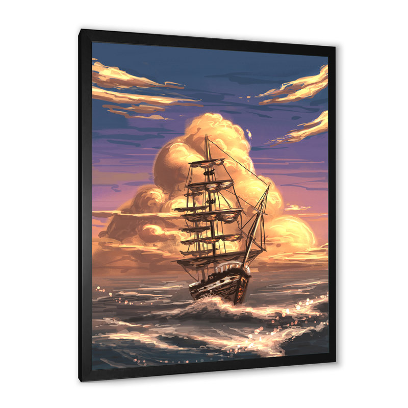 «Video Game Fantasy Ship Coastal Sunset», reproduction de photo sur toile, H 20 po x l 12 po x P 1 po, Cadre photo noir