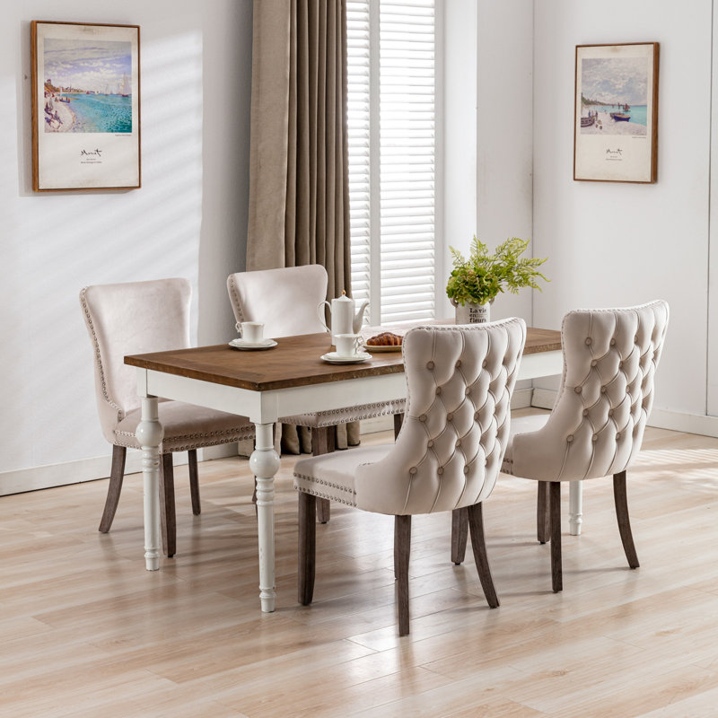  Demarco Luxury Velvet Upholstered Kitchen Dining Chairs, Beige, Oak Wood, 4